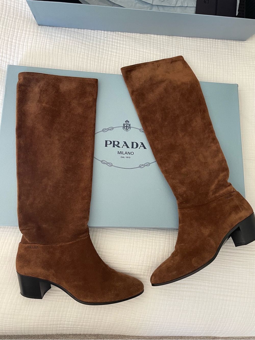PRADA Stretch Suede Knee High Boot in Bruciat Chocolate Brown Size 7.5B/37